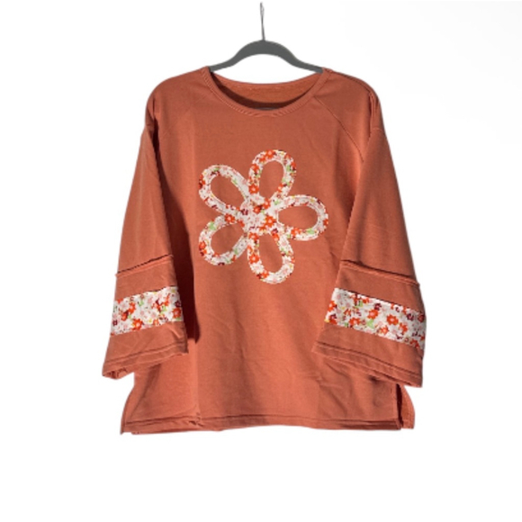 Women's Artsal Orange Floral Applique Wide Sleeve Top M - Picture 2 of 7